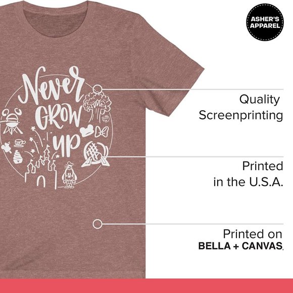 NEW "Never Grow Up" SS T-Shirt Heather Mauve Various Sizes - Picture 5 of 7
